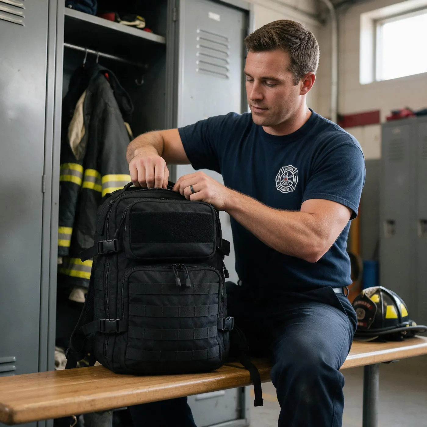 Firefighter packing Engine 45 on a locker room bench
