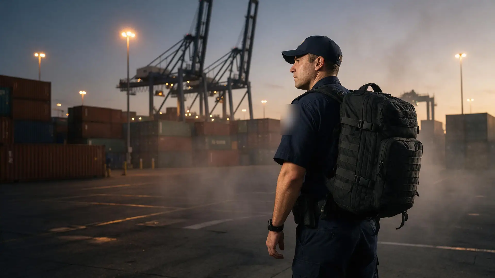 Customs officer at a container port at dusk wearing the Engine 45 backpack