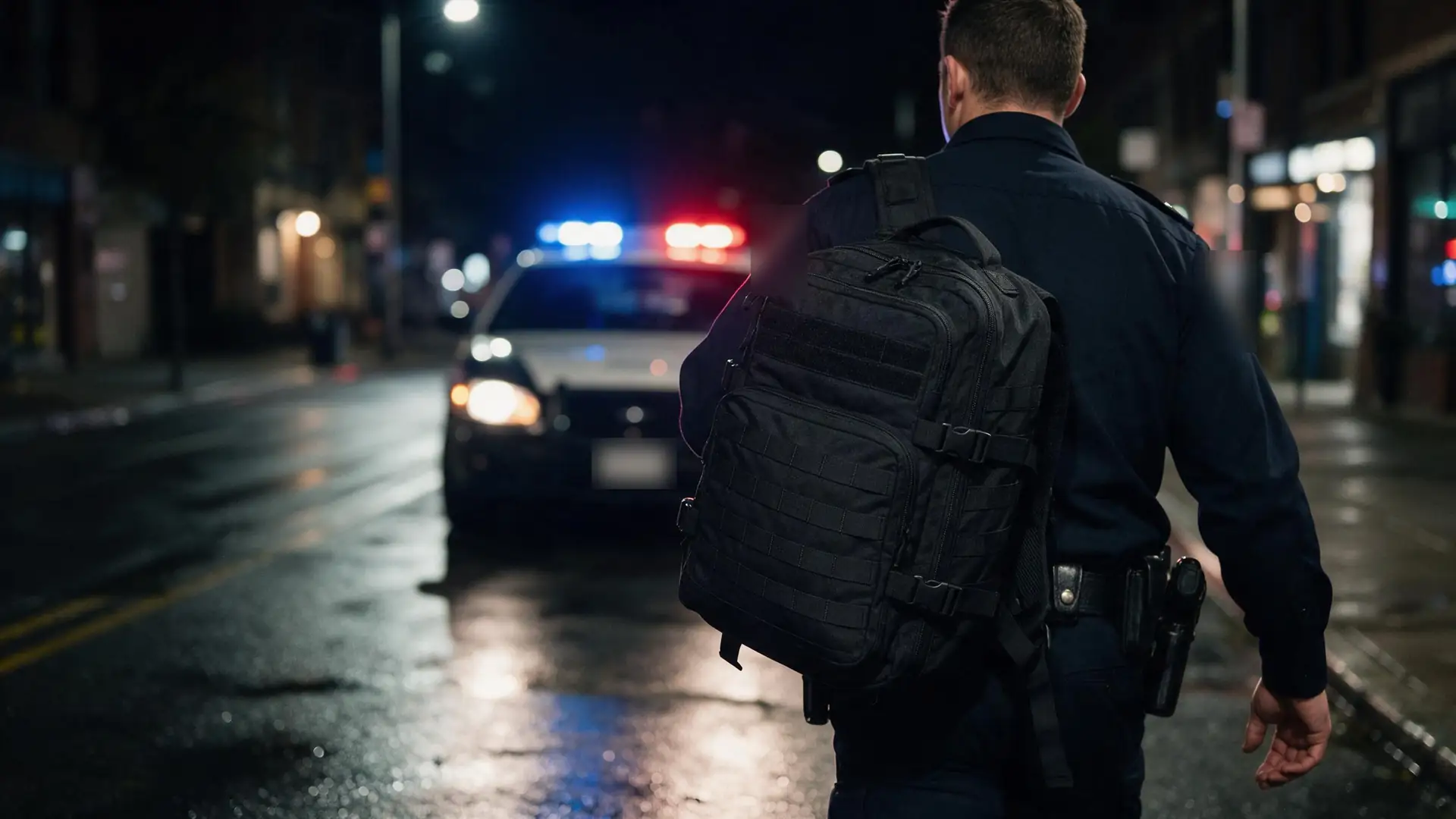 Police officer walking to a patrol car at night with the Engine 45 backpack on one shoulder