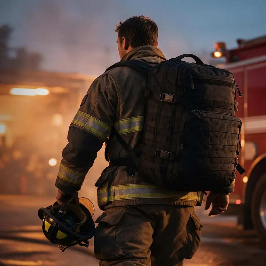 Firefighter carrying the backpack beside a fire engine