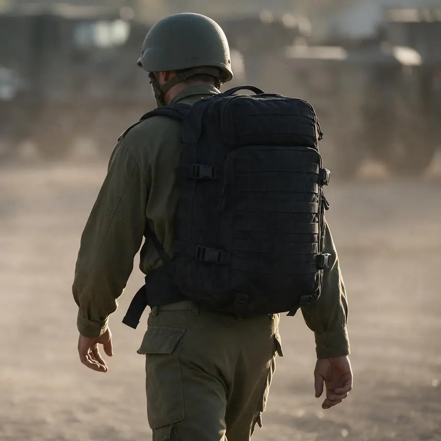 Soldier wearing the backpack on a training ground