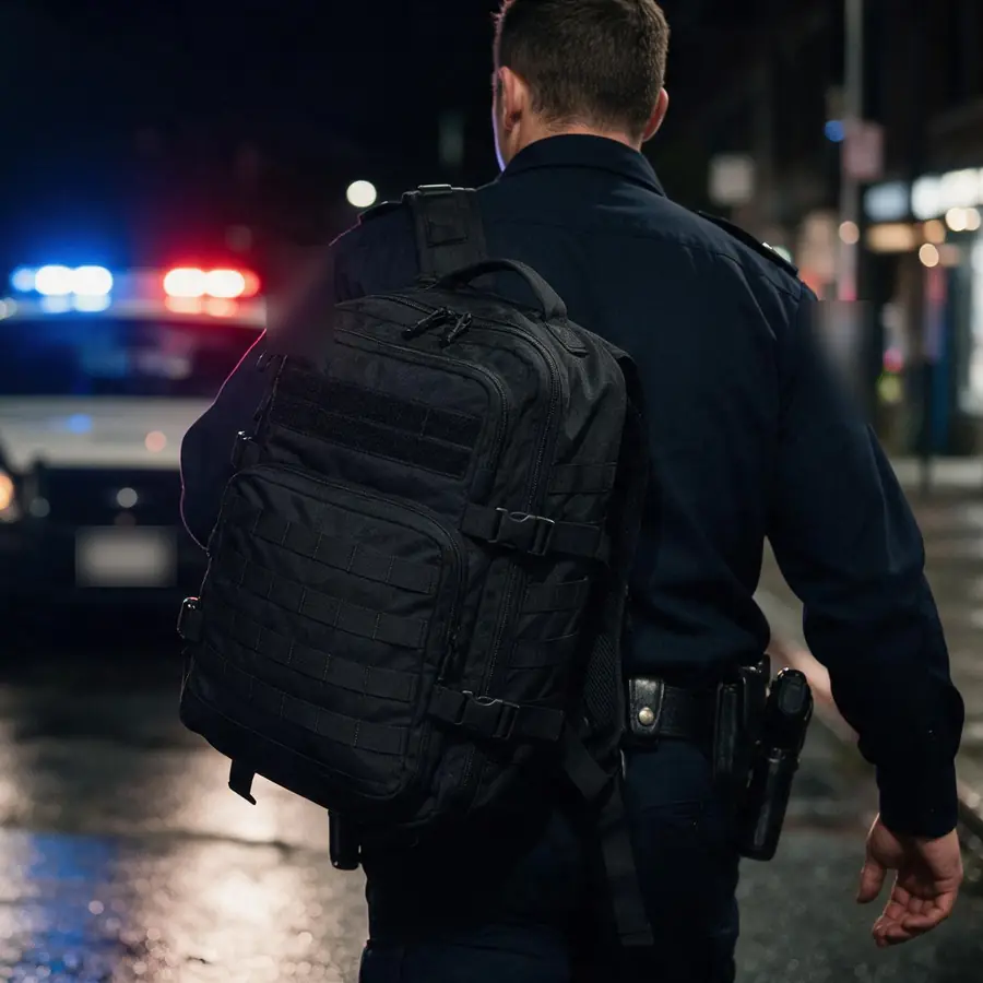 Police officer carrying the backpack to a patrol car